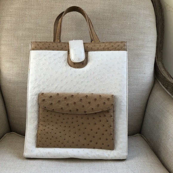 Giorgio Palm Beach Handbags - Giorgio Palm Beach Handbag Ostrich Tote White Brown Classic Luxury Dustbag